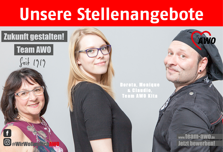 AWO Jobangebote, Werbung mit Koch und Erzieherin, Team AWO