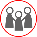 Icon für den Link zur Webseite der Begegnungsstaetten, drei Figuren geben sich die Hand, Piktogramm