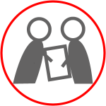 Icon für Link zur Seite BERATUNG, zwei Figuren halten ein Blatt, Dokument, Piktogramm