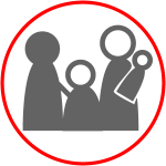 Icon für Link zur Seite FAMILIE, Mutter, zwei große Figuren haben in der mitte eine kleine Figur und eine Babyfigur auf dem Arm, Piktogramm