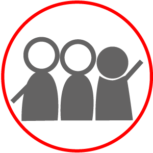 Icon für Link zur Seite KITAS und HORTE, drei Figuren stehen nebeneinander und winken, Piktogramm