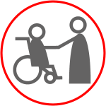 Icon für Link zur Seite WOHNEN und TEILHABE, eine Figur im Rollstuhl sitzend begrüßt eine Figur im stehen, Piktogramm