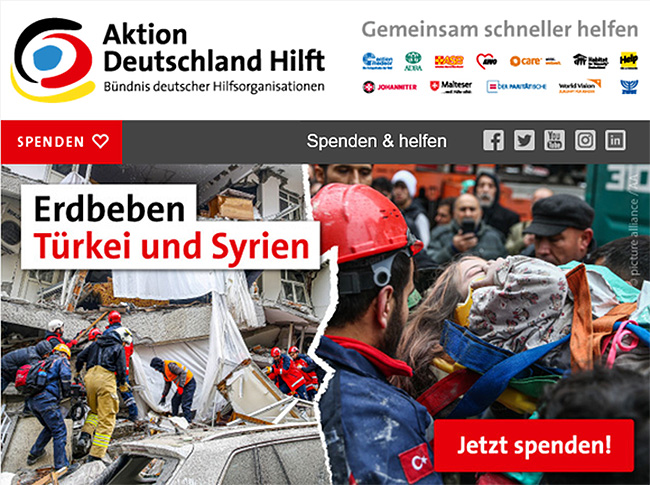 Action Deutschland hilft Spendenaaufruf Erdbeben, Bild: pa/ AA, Omer Yasin Ergin (l) Ozan Efeoglu