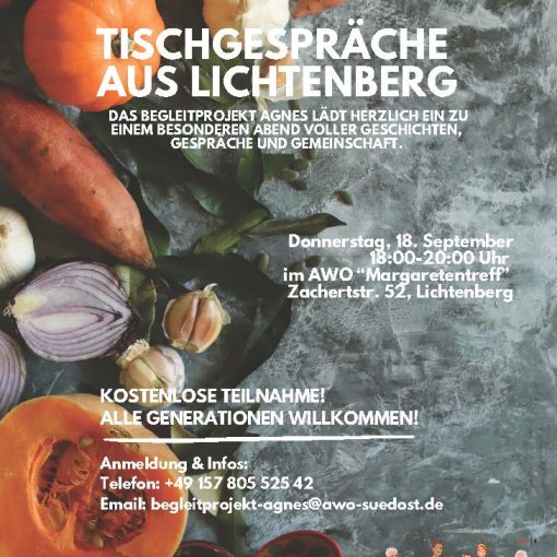 Plakat zur Ankündigung der Tischgespraeche in Lichtenberg. Bild im Hintergrund zeigt Gemüse, Kürbis und das Datum 18. September