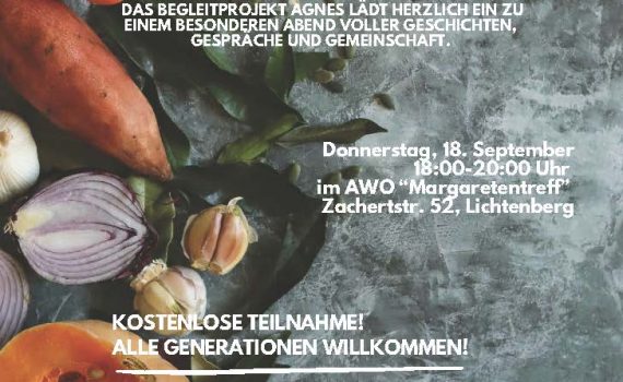 Plakat zur Ankündigung der Tischgespraeche in Lichtenberg. Bild im Hintergrund zeigt Gemüse, Kürbis und das Datum 18. September