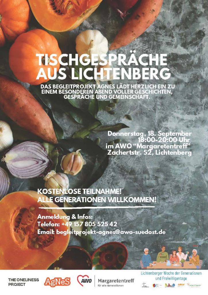 Plakat zur Ankündigung der Tischgespraeche in Lichtenberg. Bild im Hintergrund zeigt Gemüse, Kürbis und das Datum 18. September