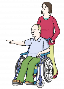 Zeichnung von einem Rollstuhlfahrer mit einer Frau dahinter