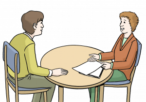 Zeichnung zeigt eine Beratung, zwei Menschen am Tisch