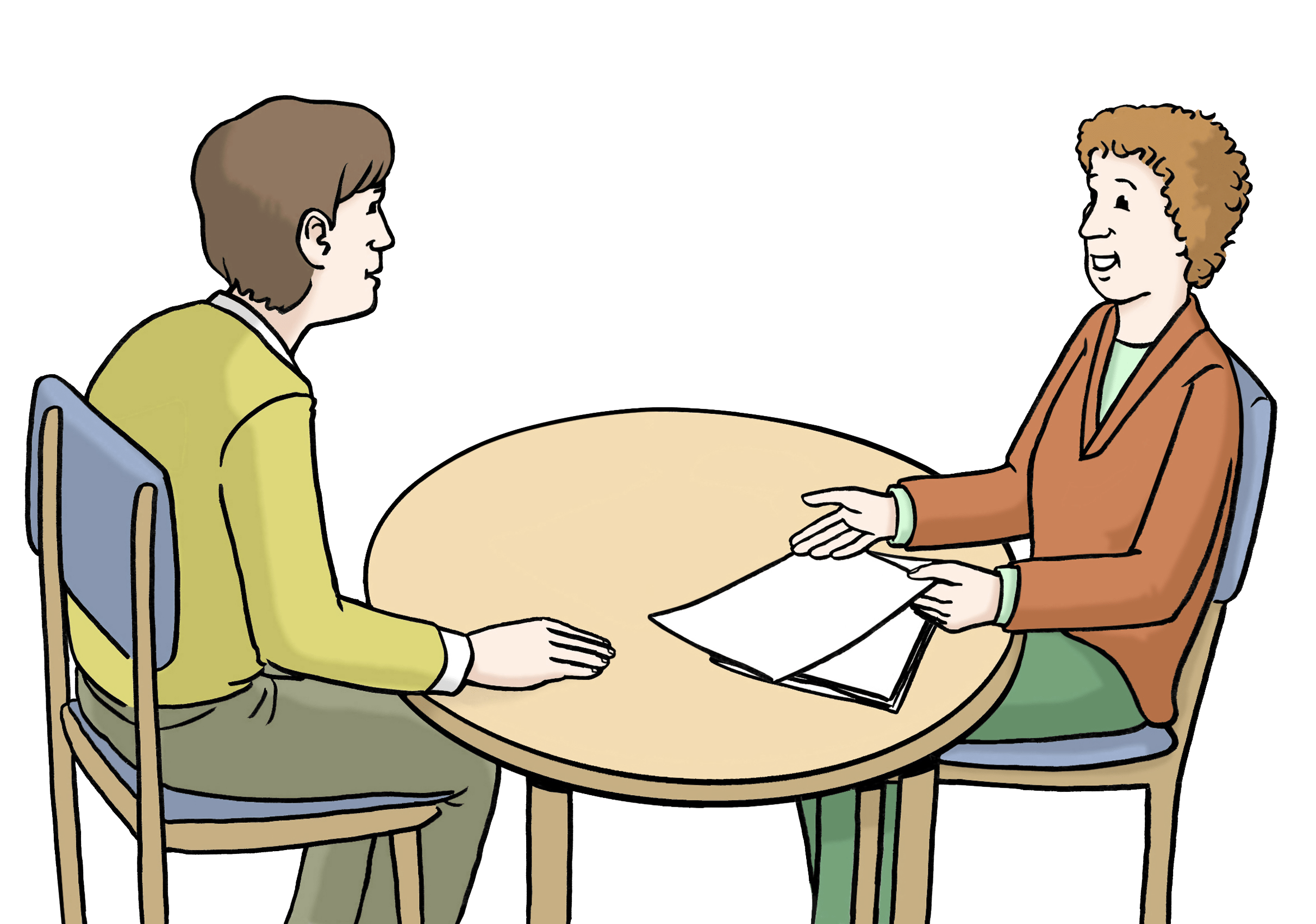 Zeichnung zeigt eine Beratung, zwei Menschen am Tisch