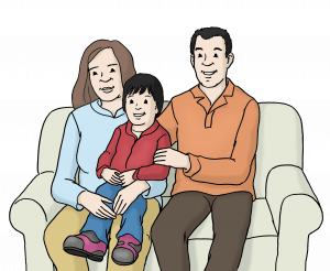 Zeichnung von Eltern mit einem Kind in der Mitte auf dem Sofa