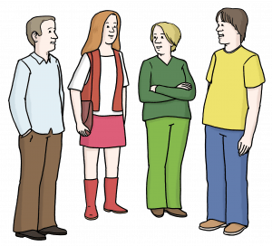 Zeichnung von einer Gruppe Menschen, die zusammen stehen