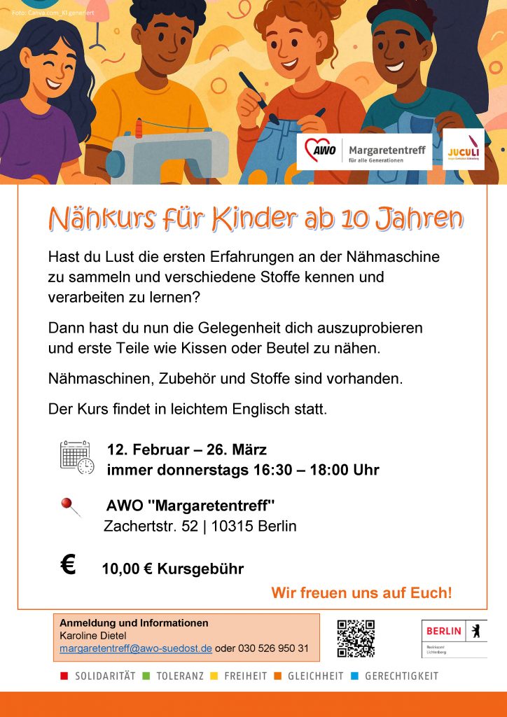 AWO Margaretentreff, Naehkurs für Kinder, Aushang
