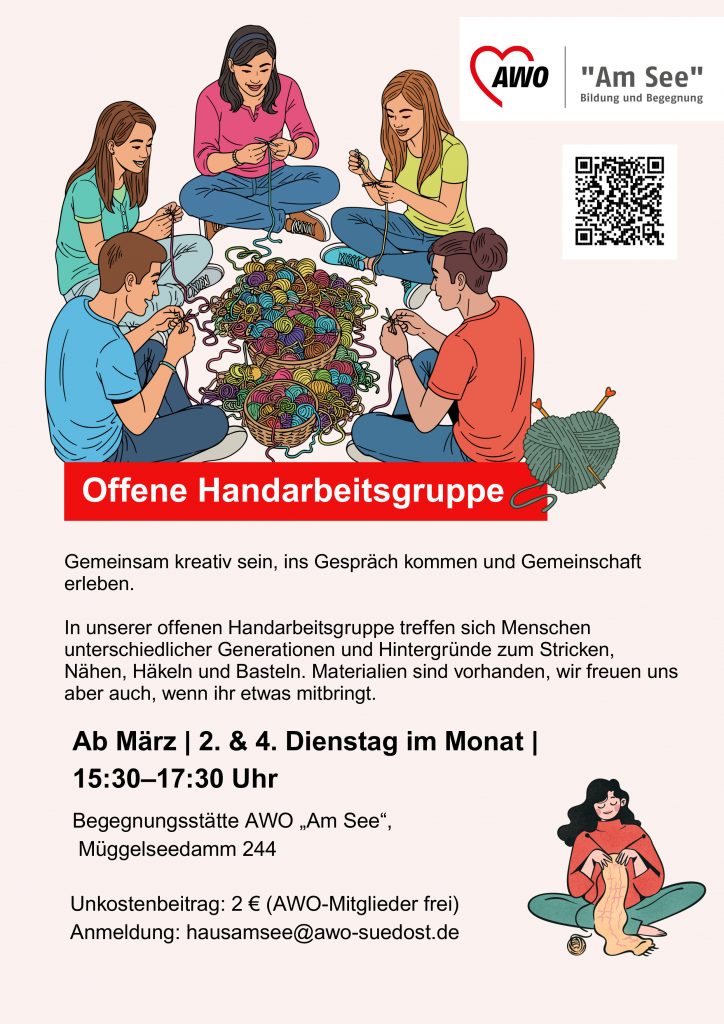 Ankuendigung Handarbeitskurs, Menschen sitzen strickend um einen Wollehaufen 