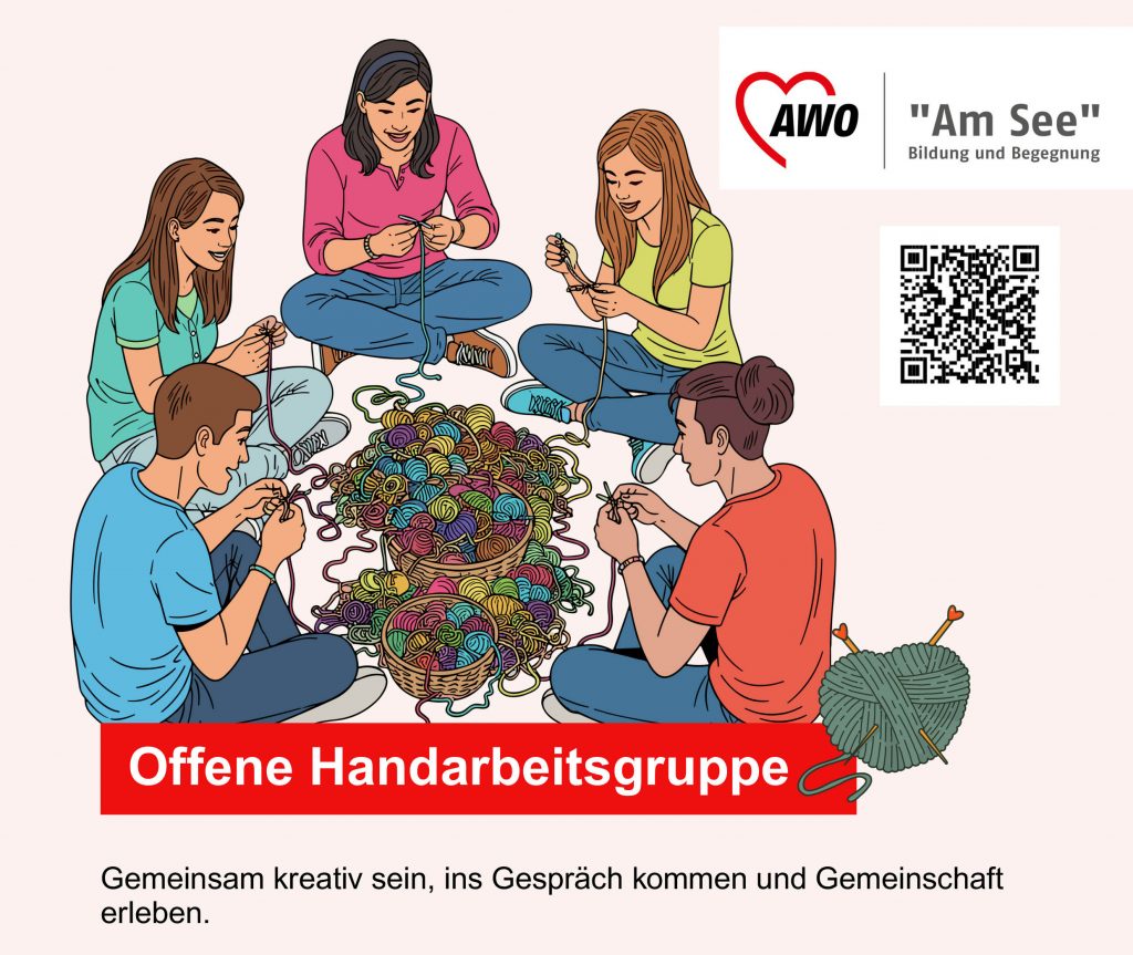 Bild mit stickenden Menschen um einen einen Wollehaufen sitzend stellt eine Handarbeitsgruppe dar