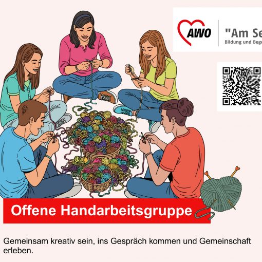 Bild mit stickenden Menschen um einen einen Wollehaufen sitzend stellt eine Handarbeitsgruppe dar