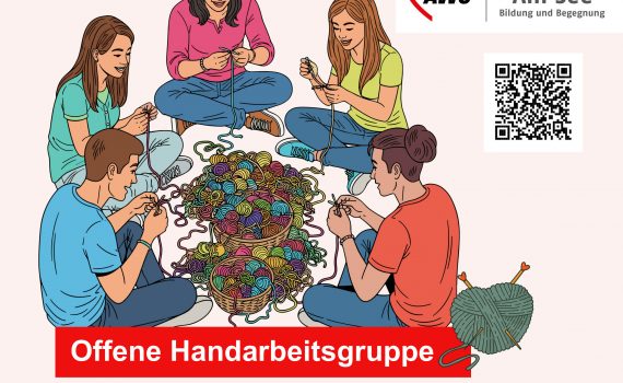 Bild mit stickenden Menschen um einen einen Wollehaufen sitzend stellt eine Handarbeitsgruppe dar