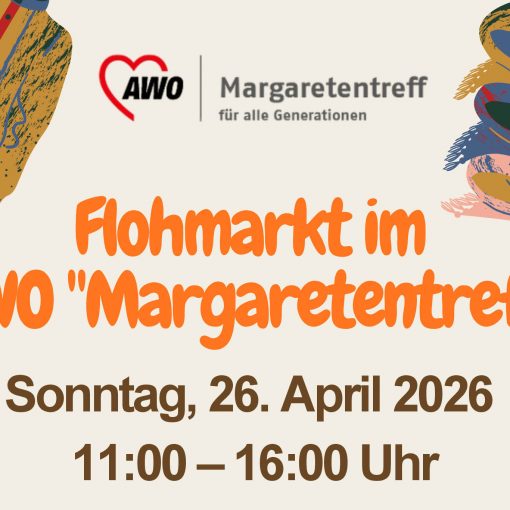Aushang für den Flohmarkt im Margaretentreff mit bunten Zeichnungen von Flohmarktgegenständen