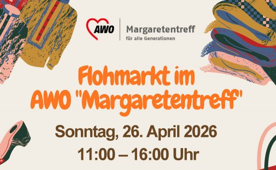 Aushang für den Flohmarkt im Margaretentreff mit bunten Zeichnungen von Flohmarktgegenständen