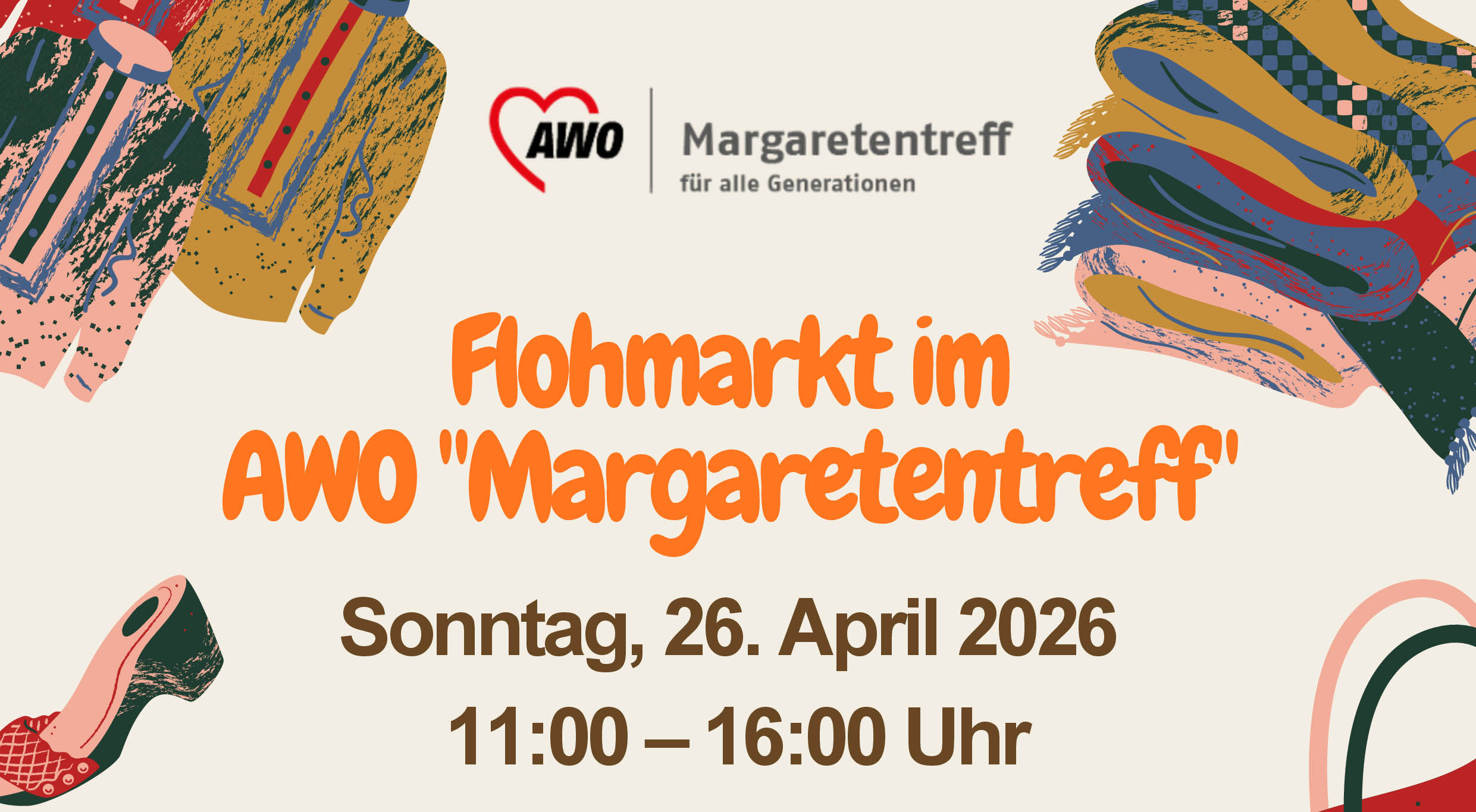 Aushang für den Flohmarkt im Margaretentreff mit bunten Zeichnungen von Flohmarktgegenständen