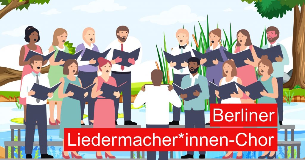 Bild gezeichnet mit einem Chor der singt und vor einem See steht