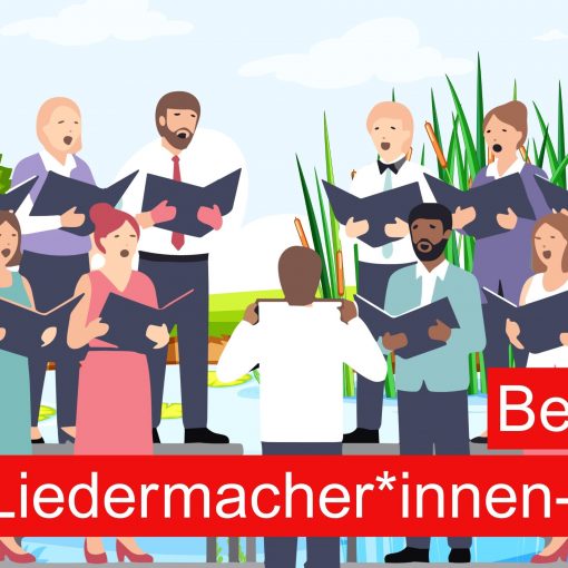 Bild gezeichnet mit einem Chor der singt und vor einem See steht