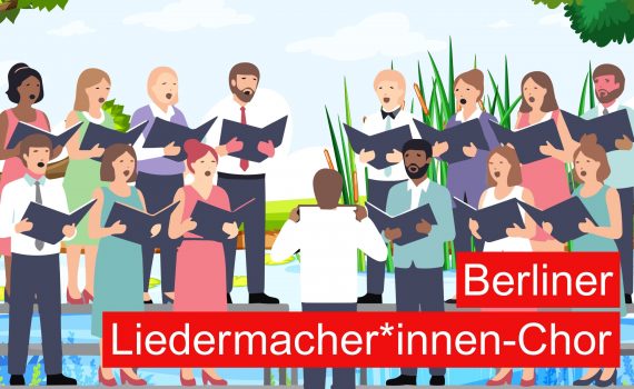 Bild gezeichnet mit einem Chor der singt und vor einem See steht