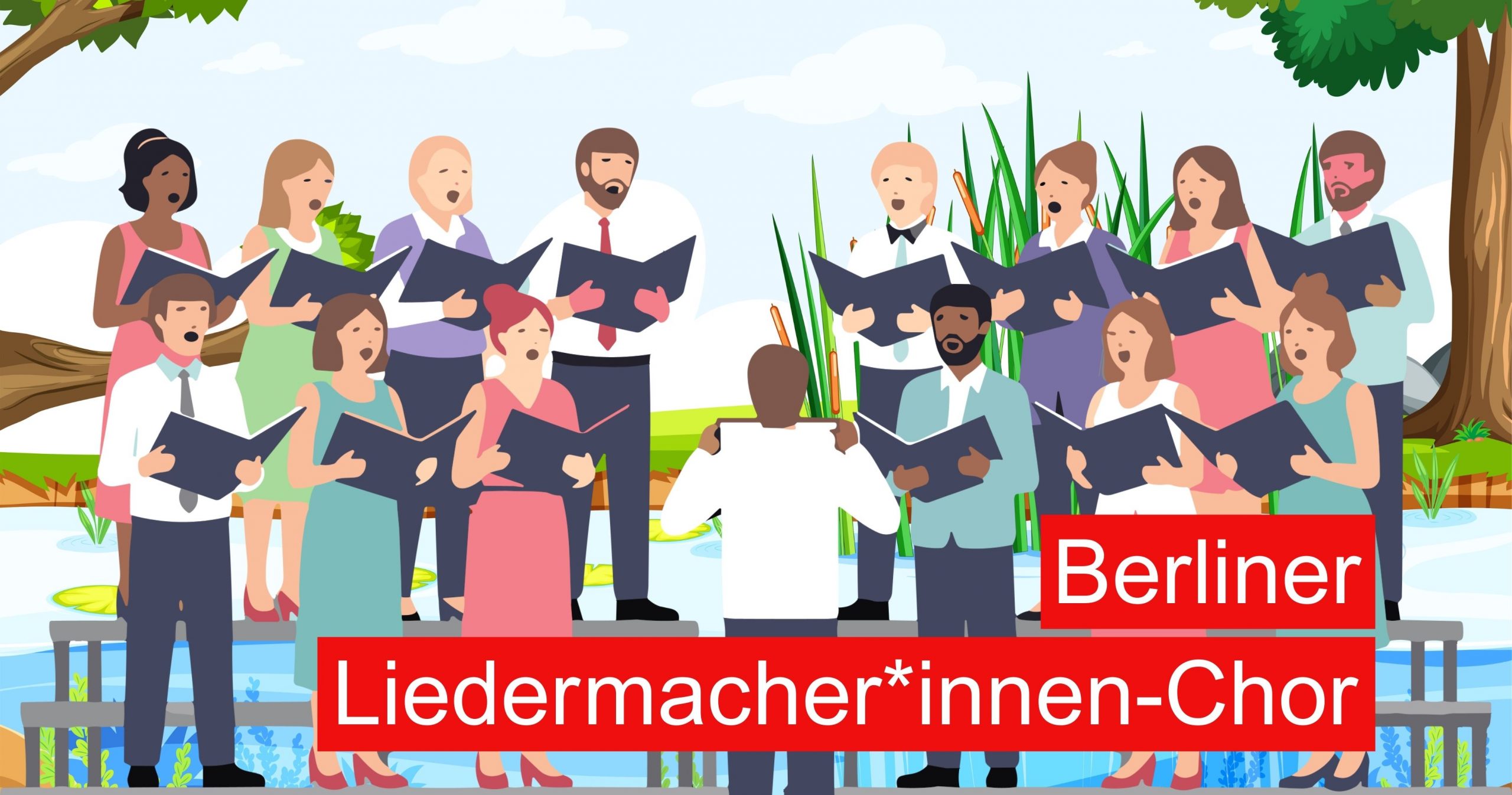 Bild gezeichnet mit einem Chor der singt und vor einem See steht