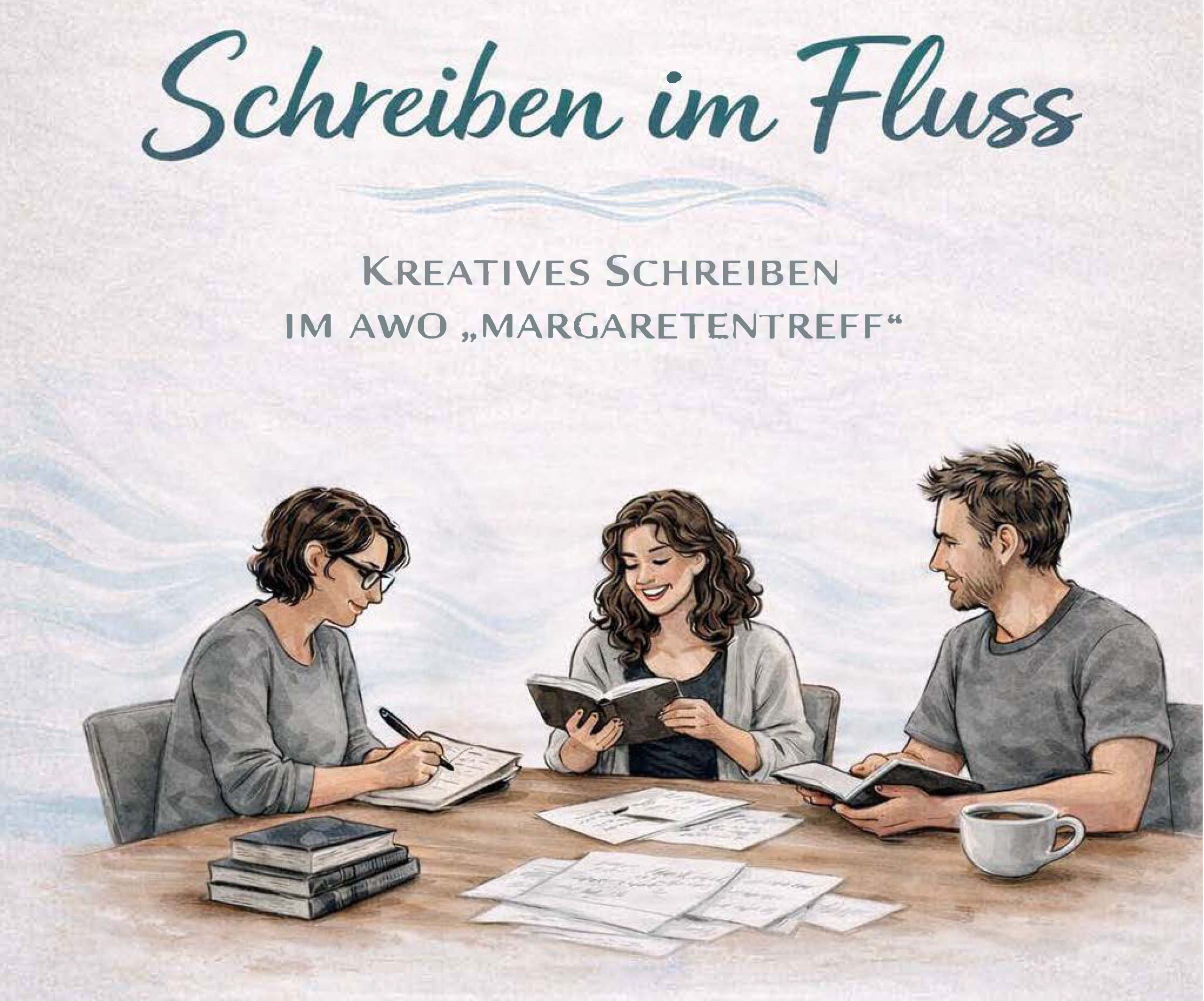 Drei Menschen sitzen am Tisch und schreiben auf Papier und reden miteinander, daneben liegt ein Bücherstapel, Bild mit Canva_KI erstellt