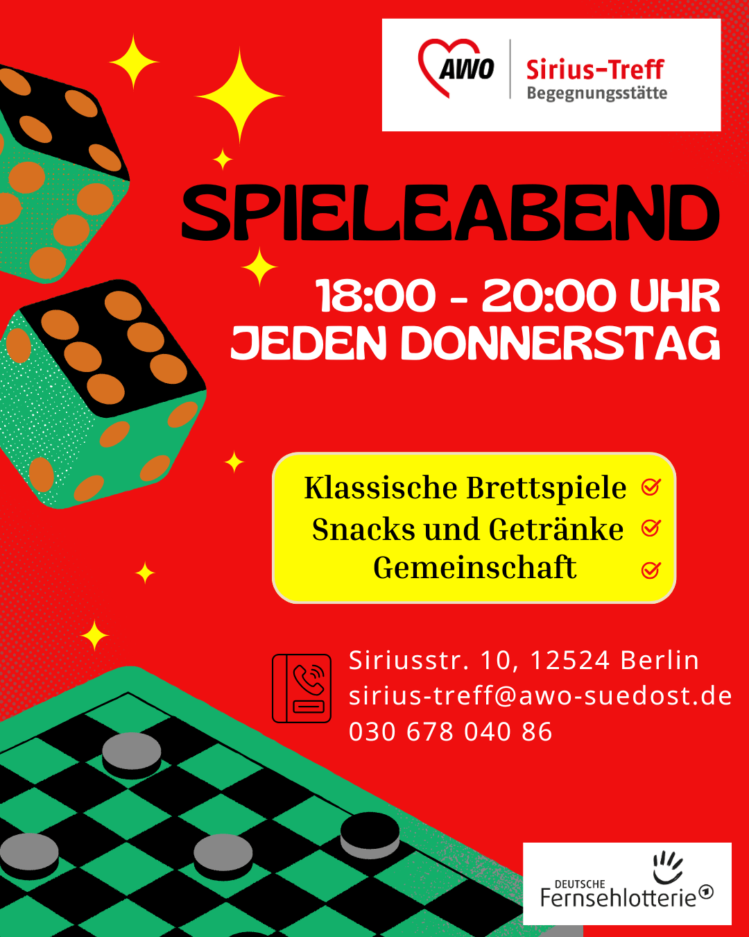 Kommt zum Spieleabend im Sirius-Treff jeden Donnerstag, Eiladungsplakat rot mit Damespiel gezeicnet
