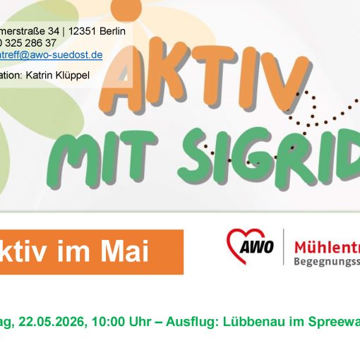 Aktiv mit Sigrid, Einladung zum Spreewals-Ausflug, Gezeichnete Schrift mit Biene