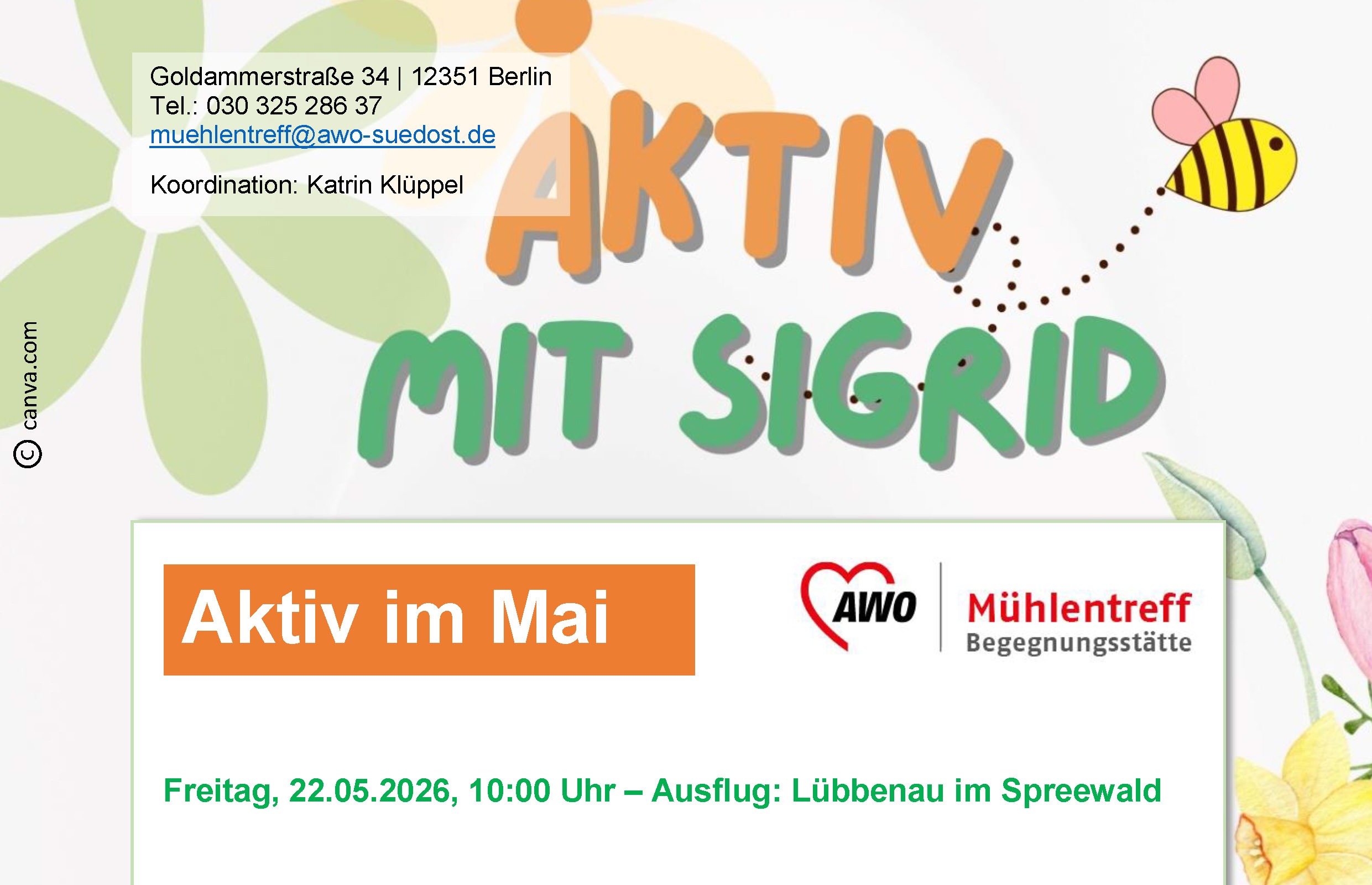 Aktiv mit Sigrid, Einladung zum Spreewals-Ausflug, Gezeichnete Schrift mit Biene