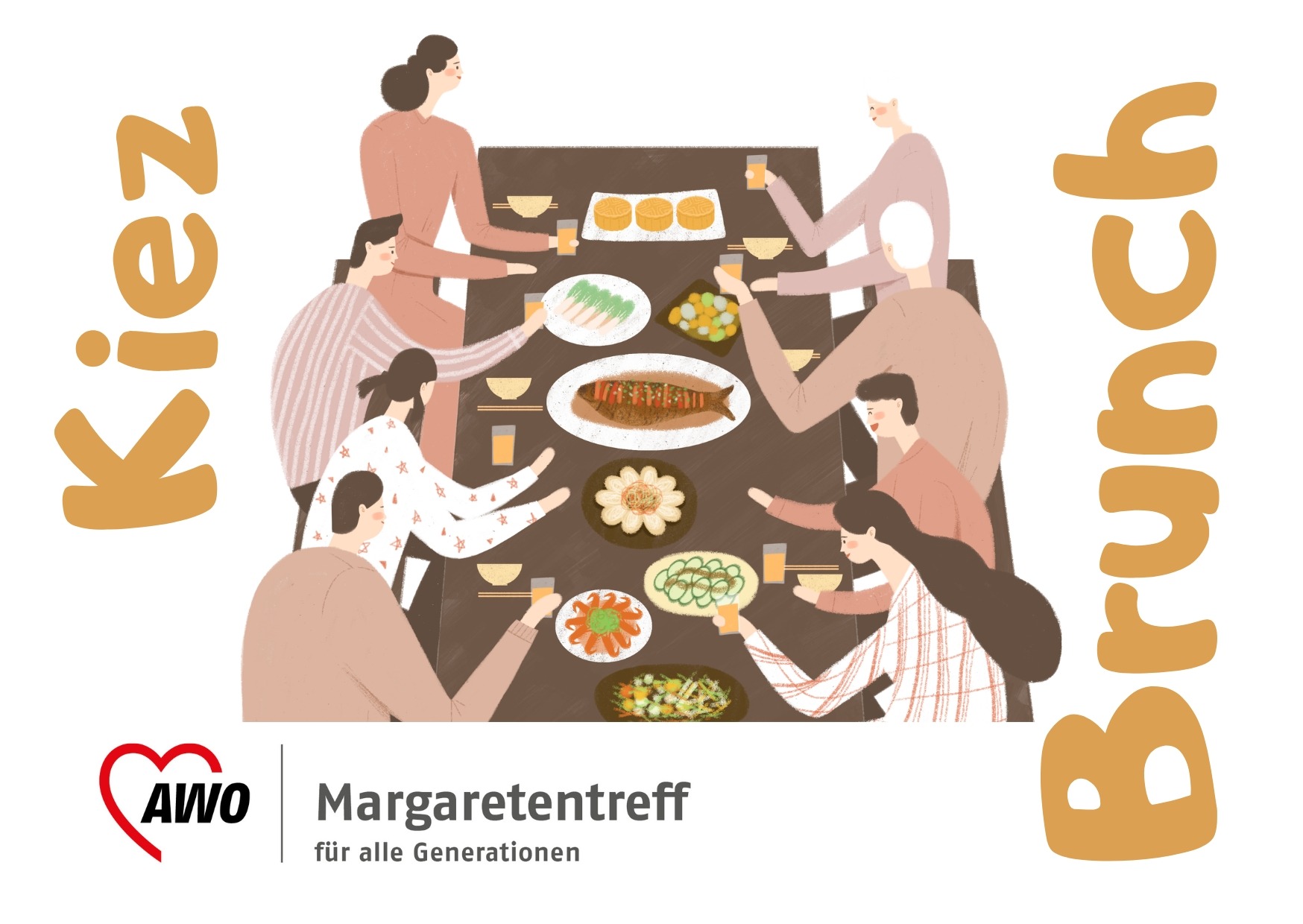 vielke Leute sitzen am Tisch und reden und frühstücken, Zeichnung in braunen Fraben mit Schriftzug Kiezbrunch