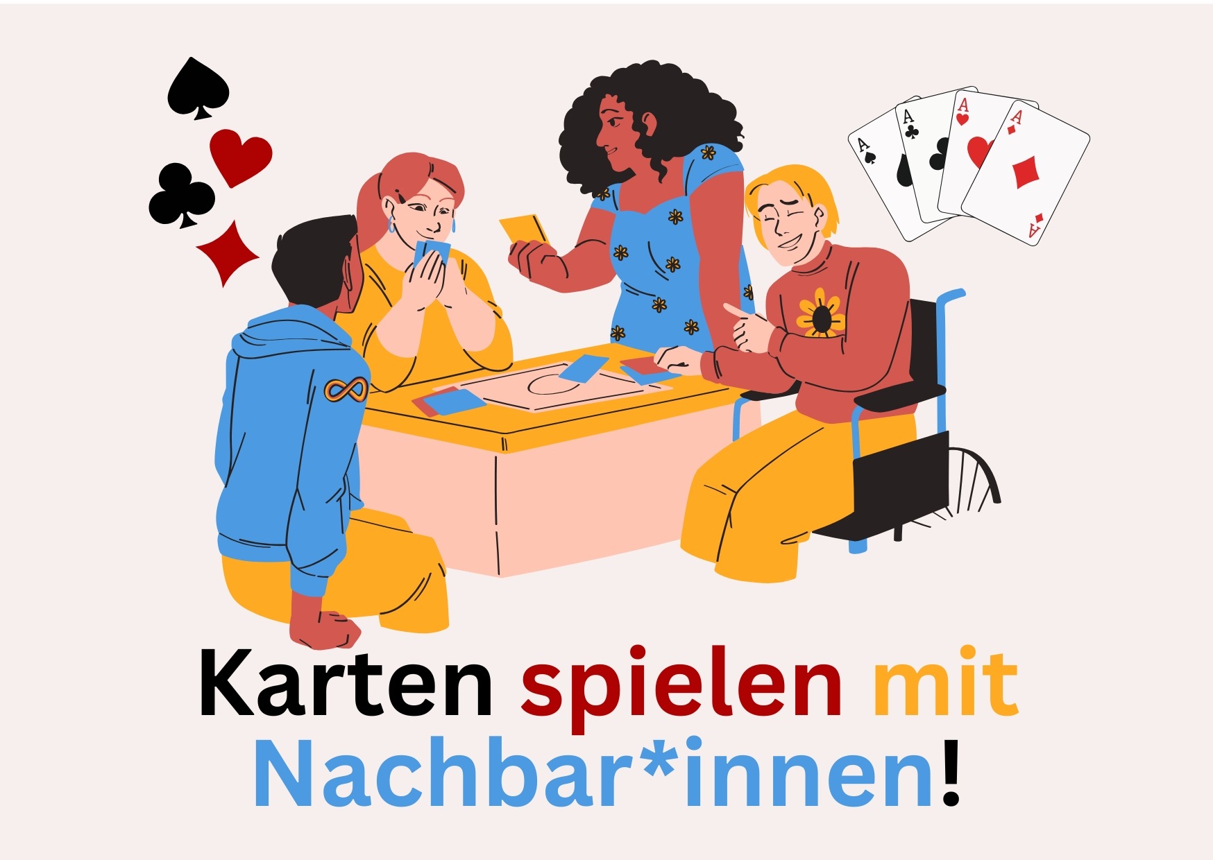 Leute sitzen am Tisch uns spielen Karten, Zeichnung bunt