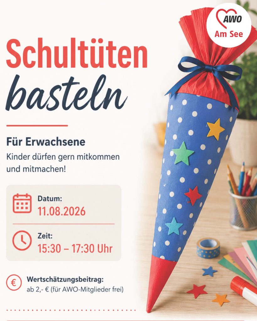 Schultüten basteln für Eltern am 11.08., Bild mit einer bunten Schultüte und Bastelmaterial
