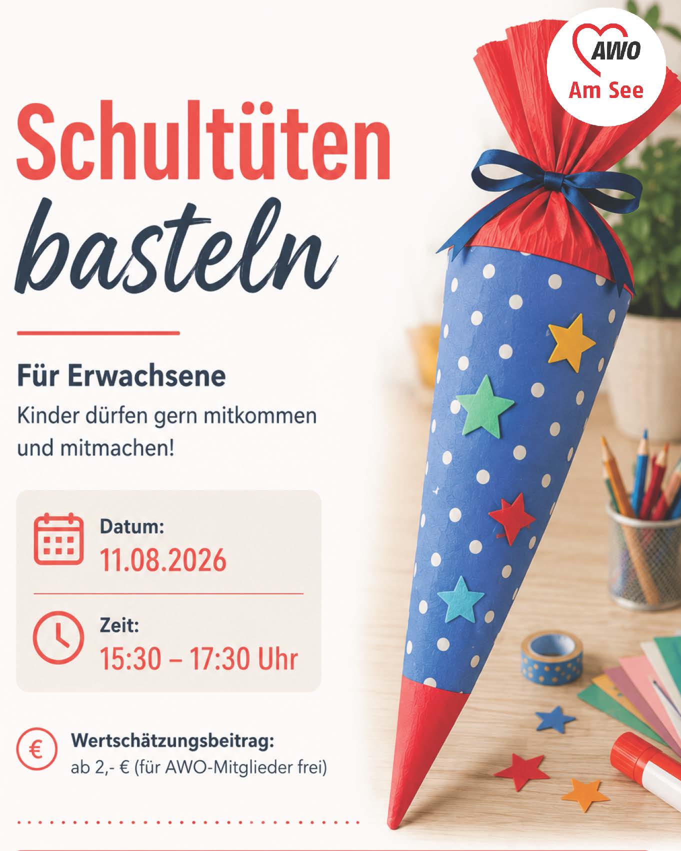 Schultüten basteln für Eltern am 11.08., Bild mit einer bunten Schultüte und Bastelmaterial