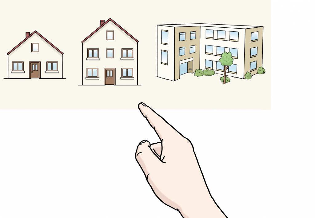 Bild für Wohngemeinschaften, Häuser und ein Finger zeigt auf eine Wohnung, Zeichnung, Quelle: lebenshilfe e.V.