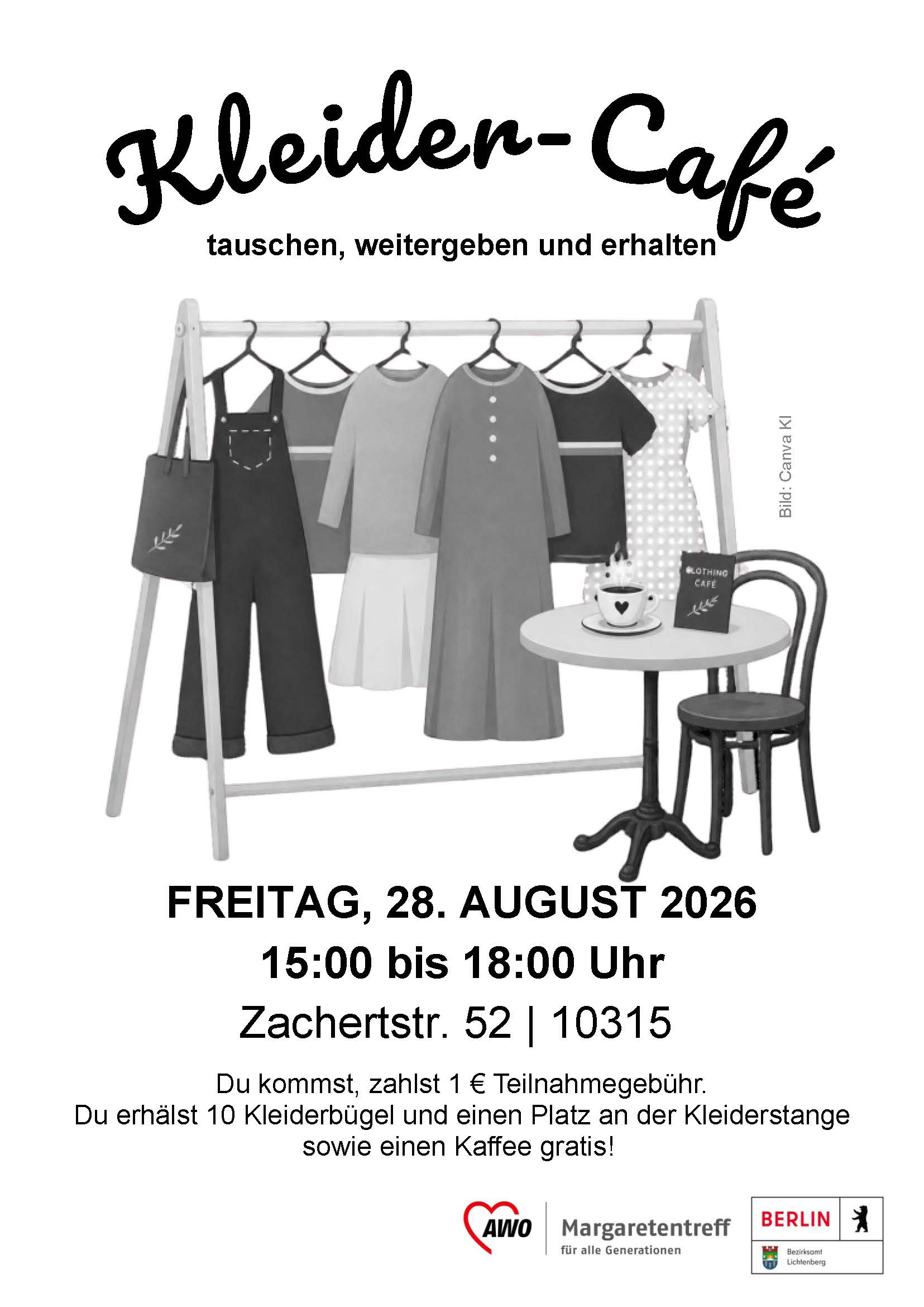 Kleider-Café-Aushang mit Bild von Kleiderstange und Kaffeetisch in Schwarz weiß
