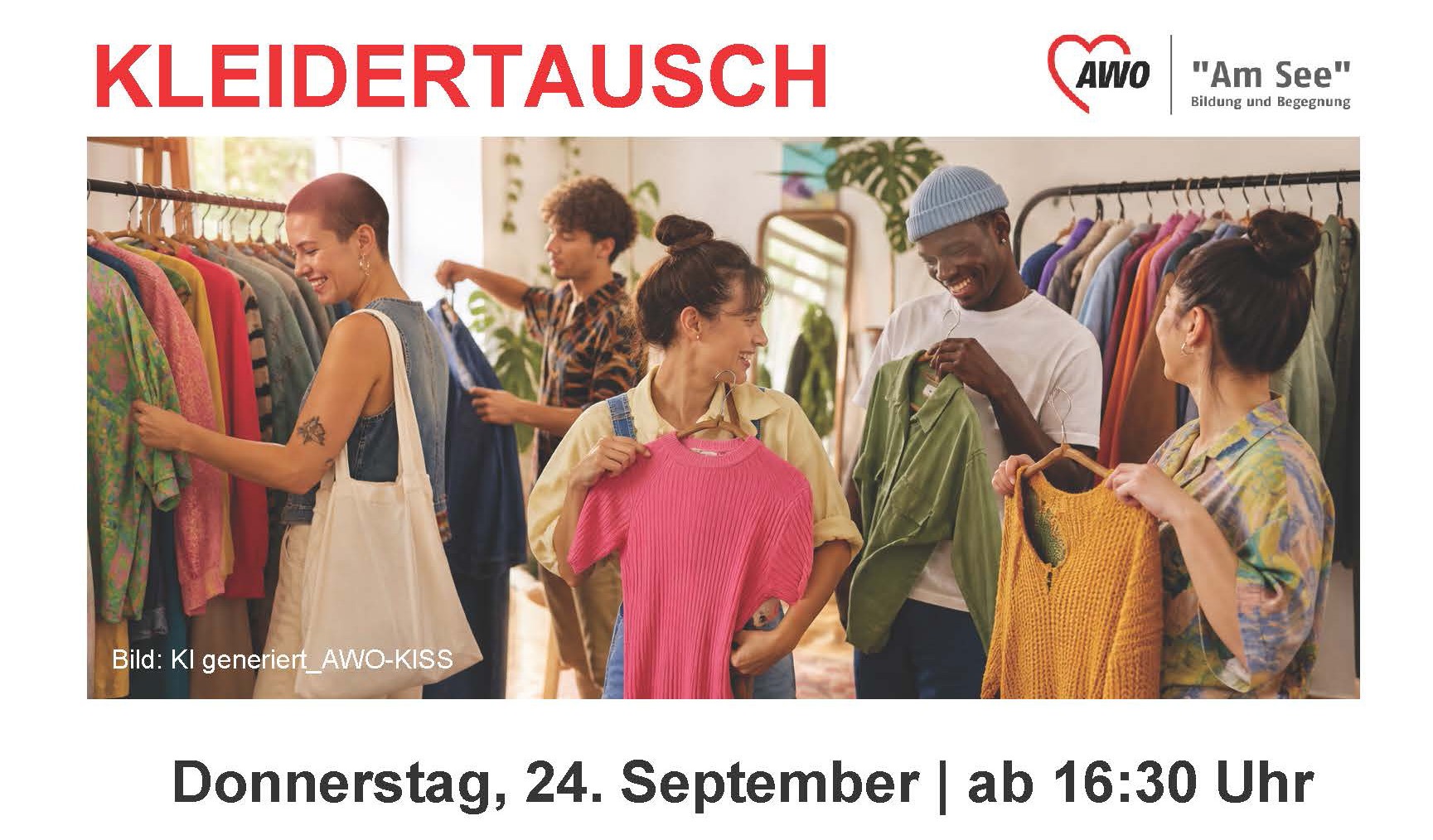 junge Menschen suchen sich Kleidung am Kleiderständer aus, Kleidertausch-Marktplatz